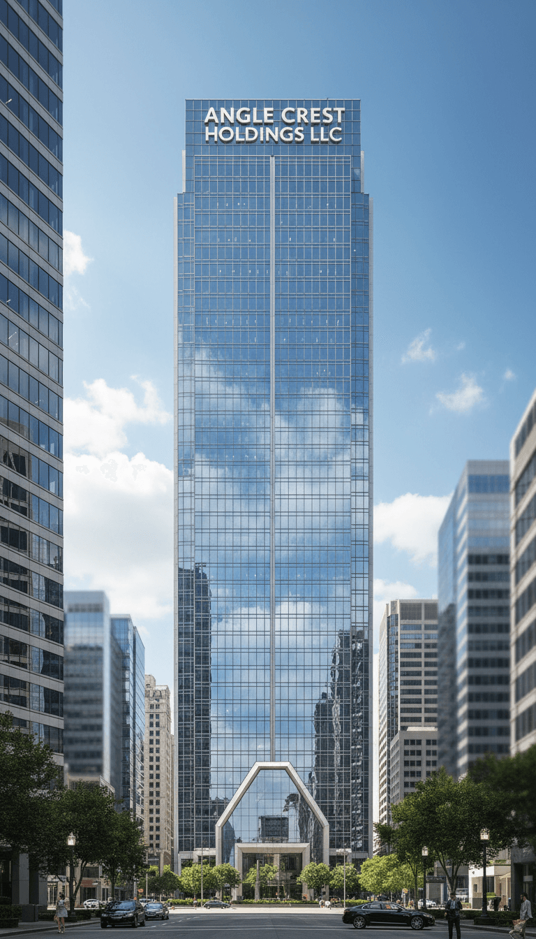 Modern corporate office building exterior with glass facade and clear blue sky