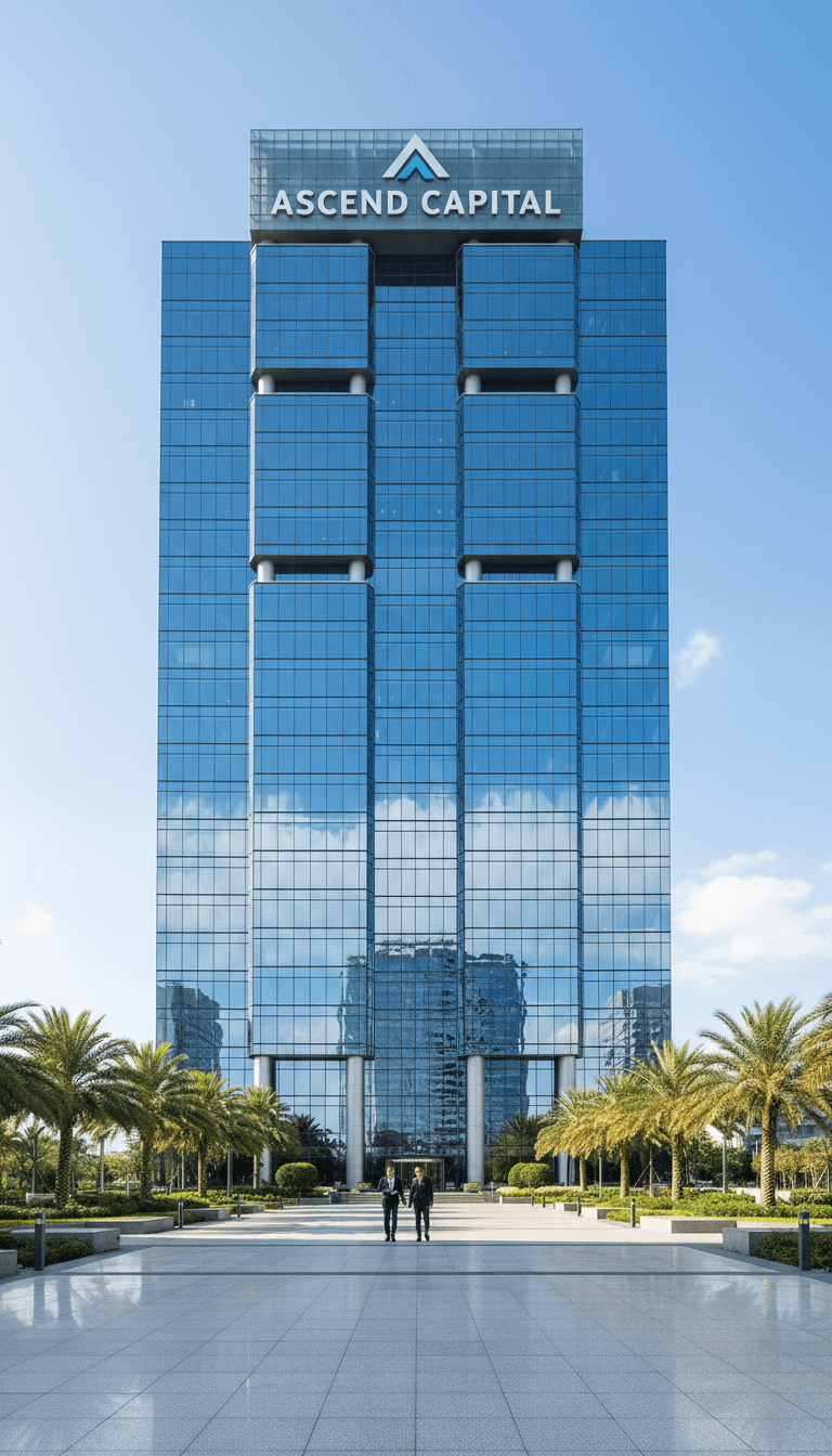 Modern glass facade corporate office building under a clear blue sky