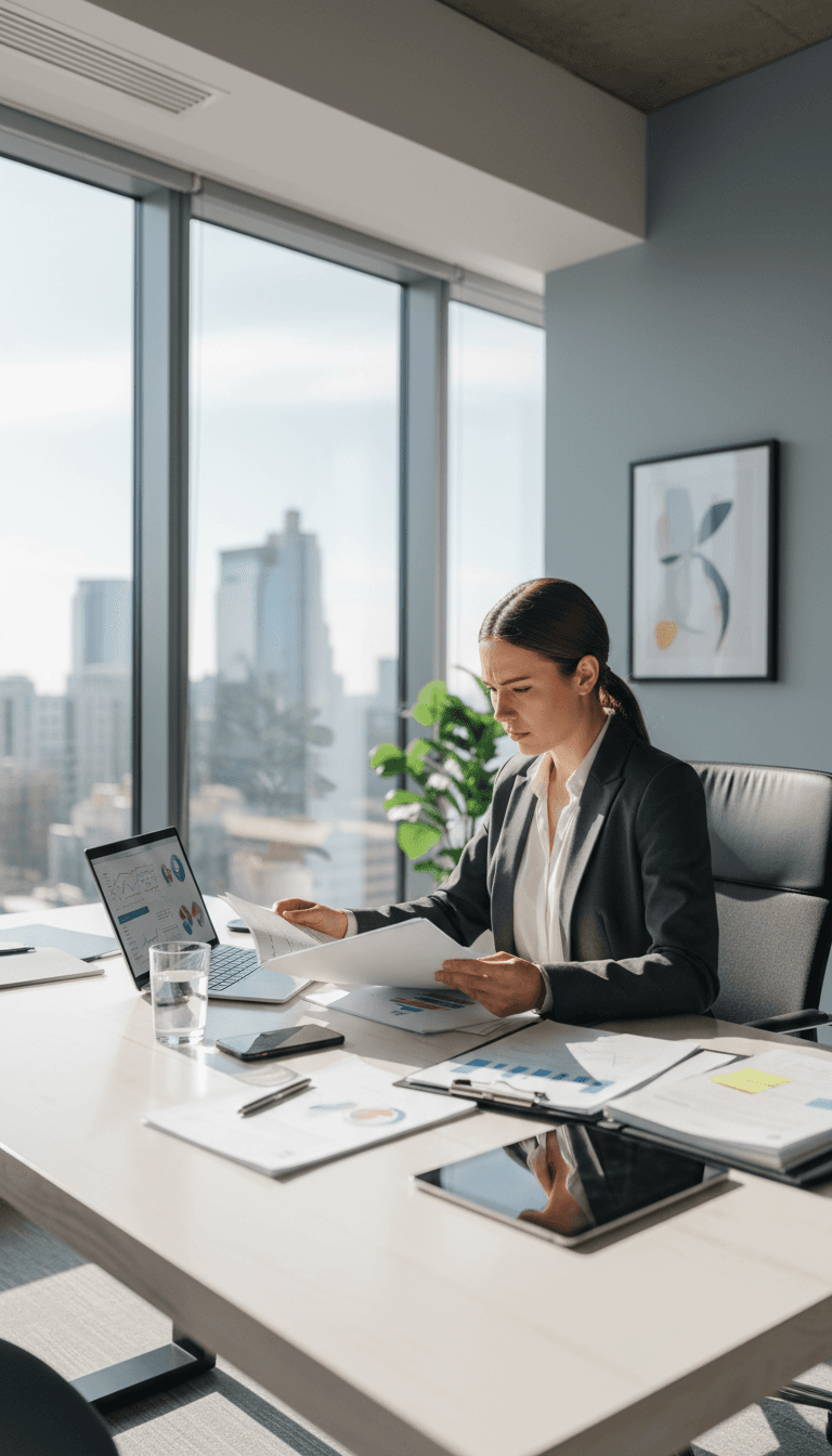 Professional reviewing investment documents at a modern office desk