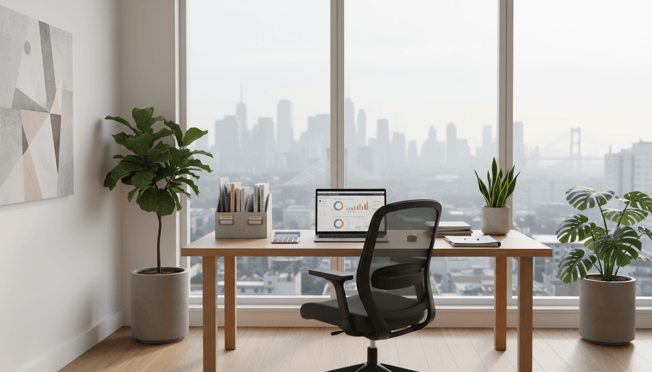 Office desk with financial documents and a window overlooking the city