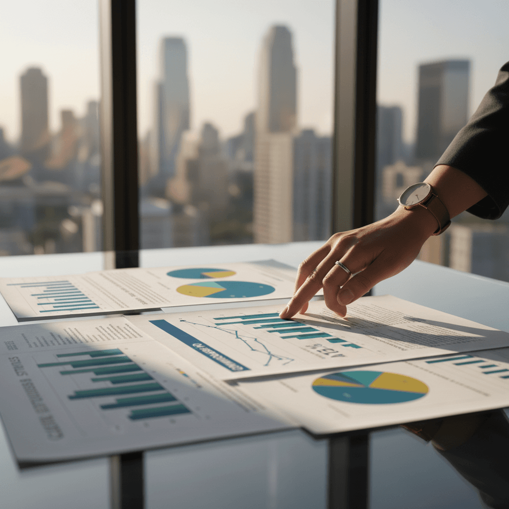 Professional reviewing fund documents with charts and graphs on a desk in a bright office