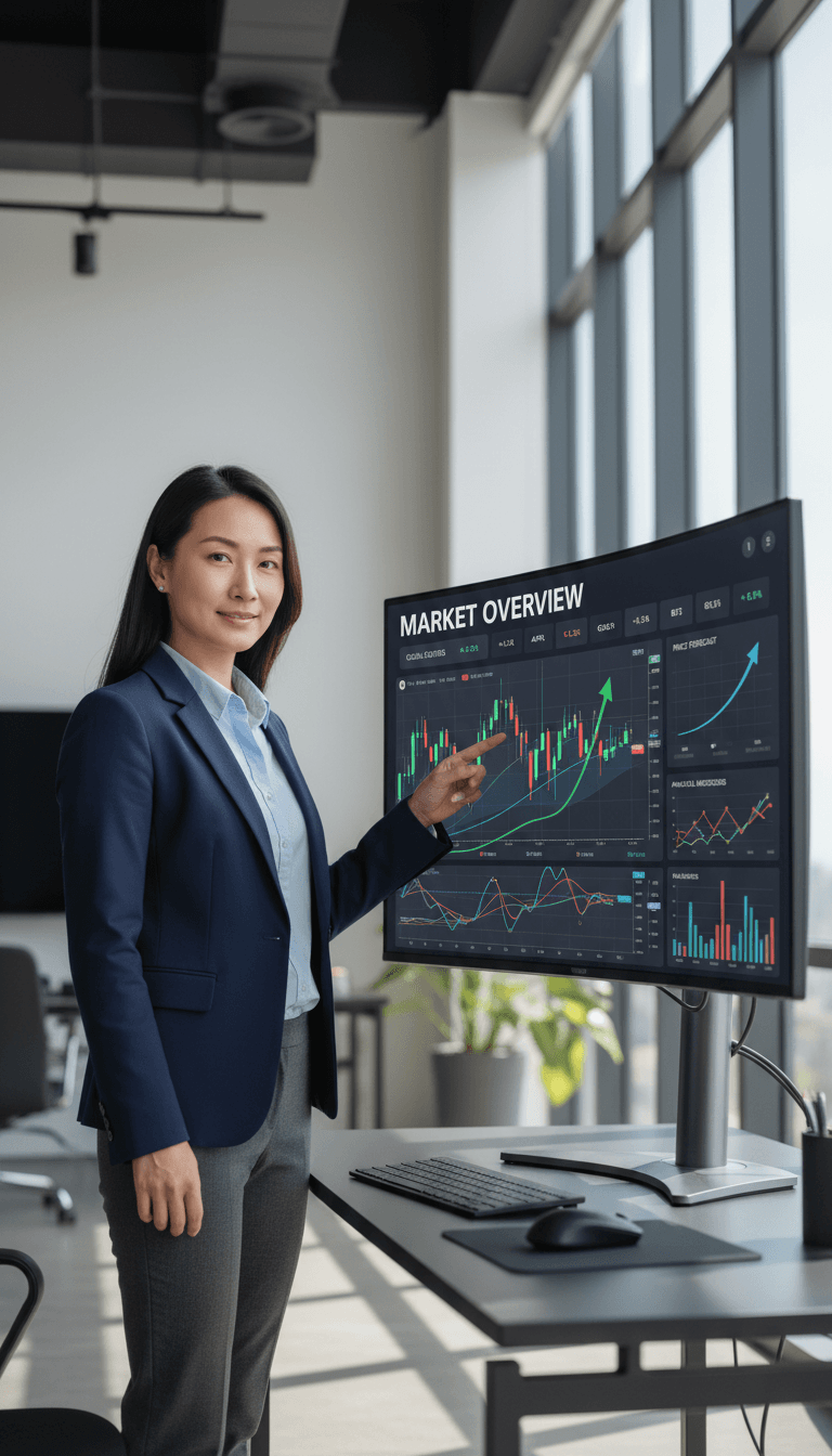 Professional investor standing confidently beside monitor displaying trading dashboard with stock charts and technical analysis tools