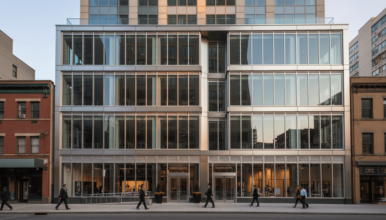 Modern commercial building exterior with a glass facade