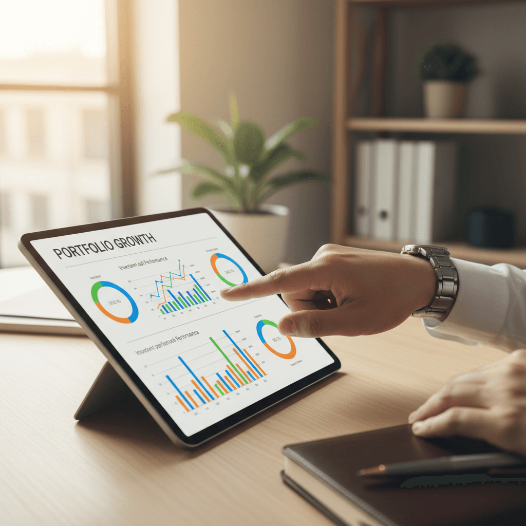 Financial documents and charts showing diversified portfolio allocation