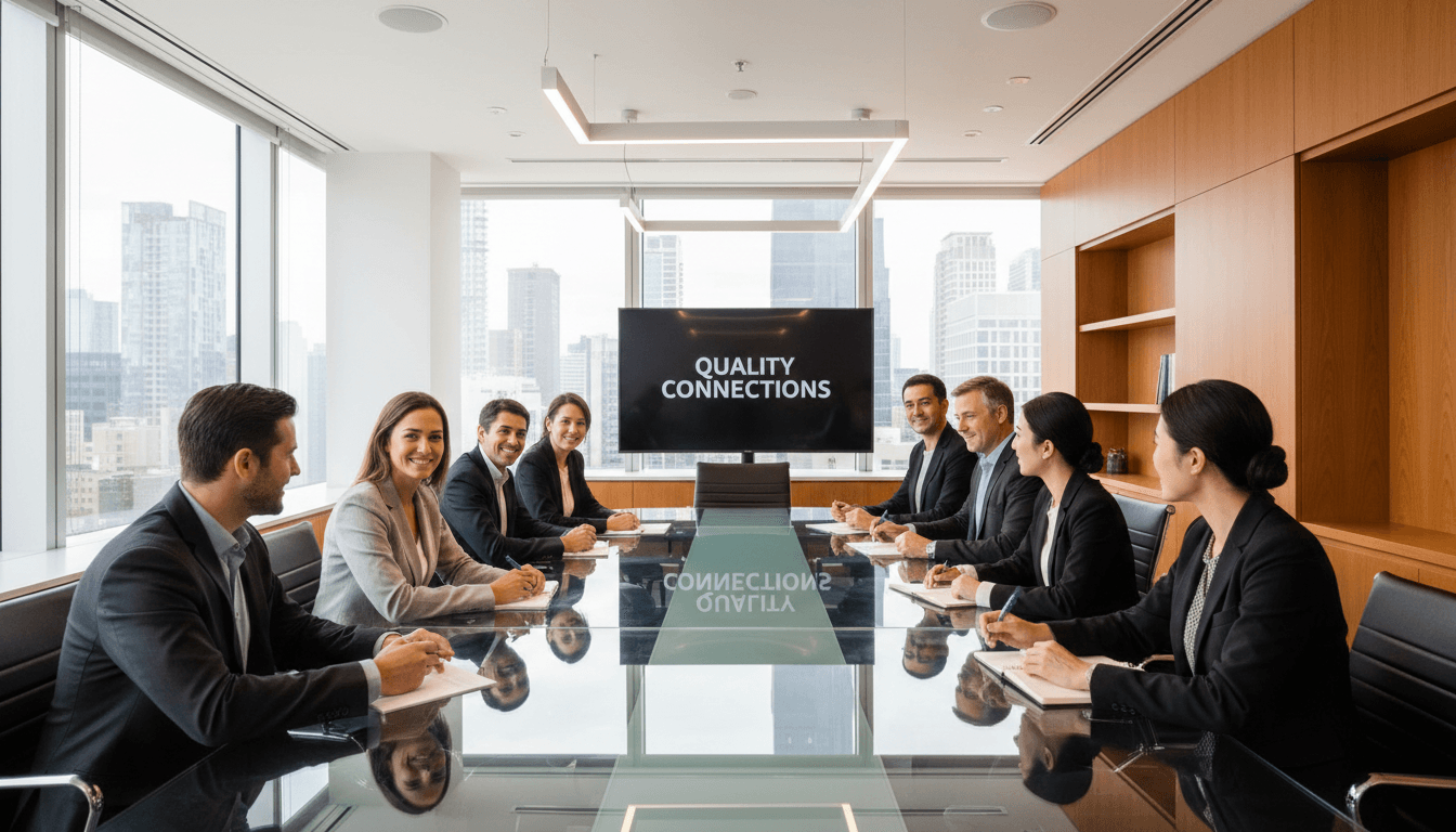Business handshake between two professionals in a boardroom with a city view