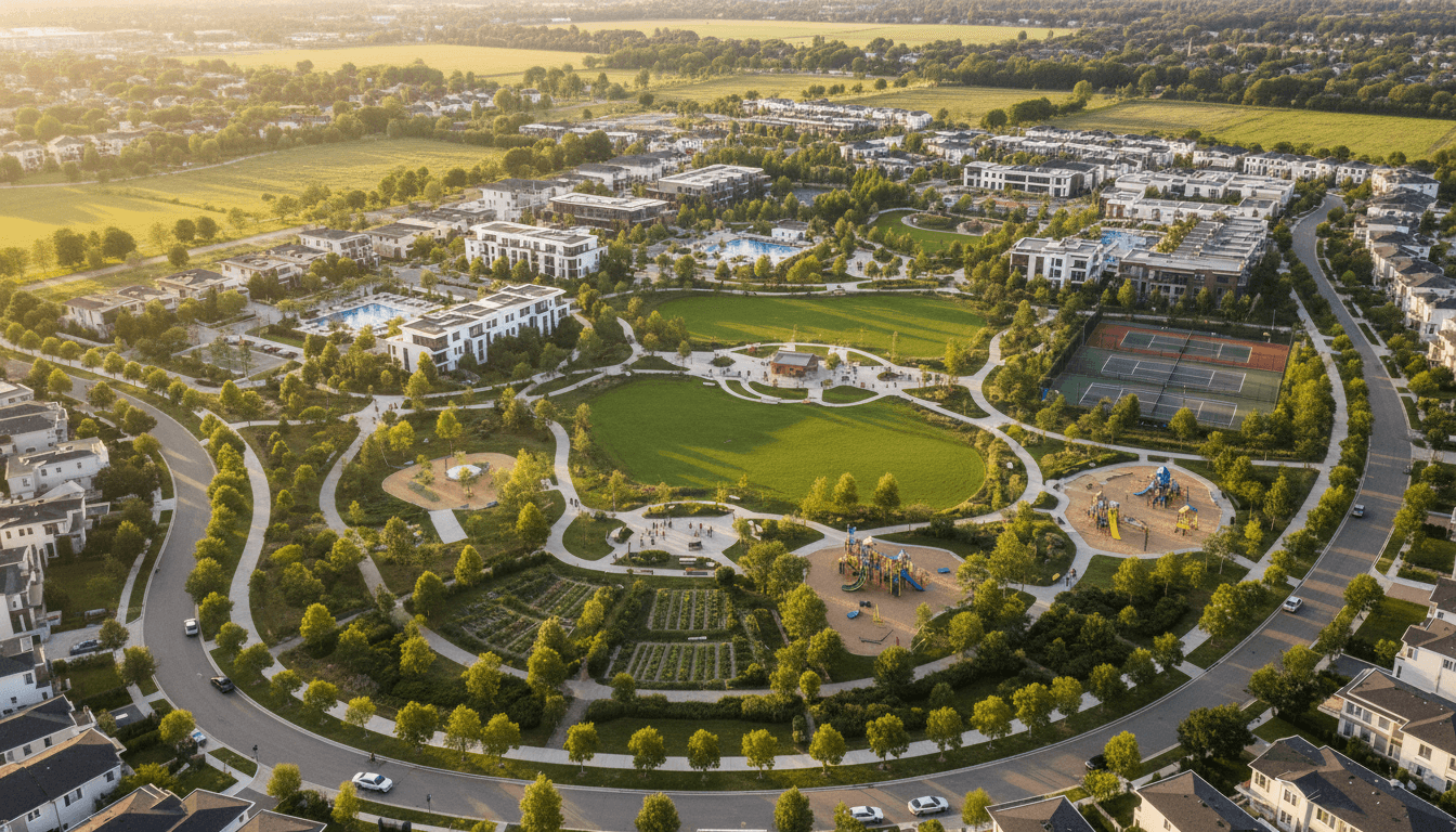 Aerial view of planned residential community with tree-lined streets, homes, parks, and green spaces during golden hour
