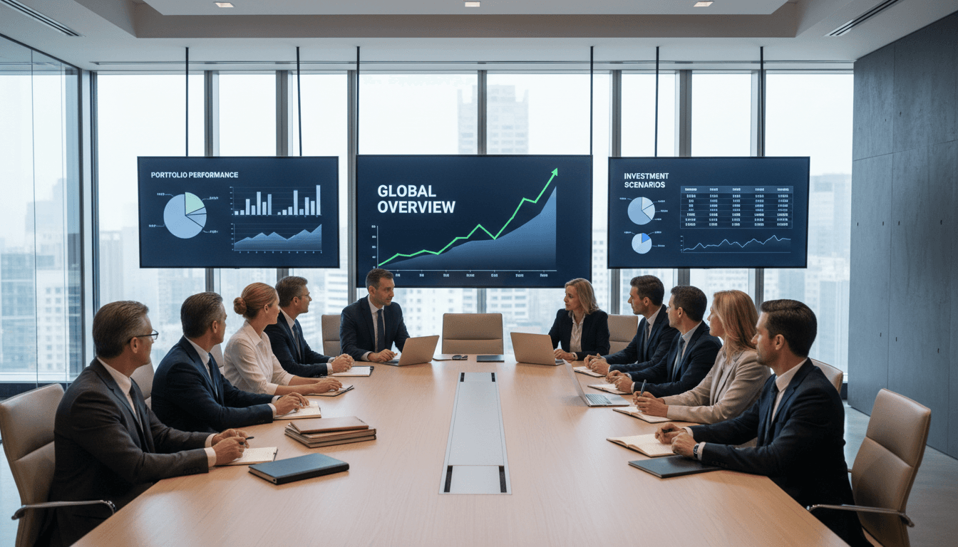 Diverse financial professionals and investors in modern boardroom reviewing investment strategies and market data on digital displays