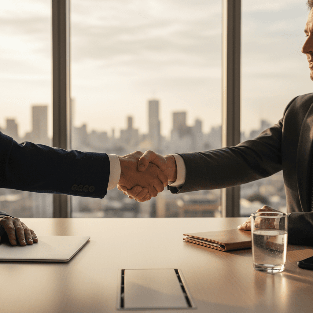 Business partners shaking hands over documents in a meeting room