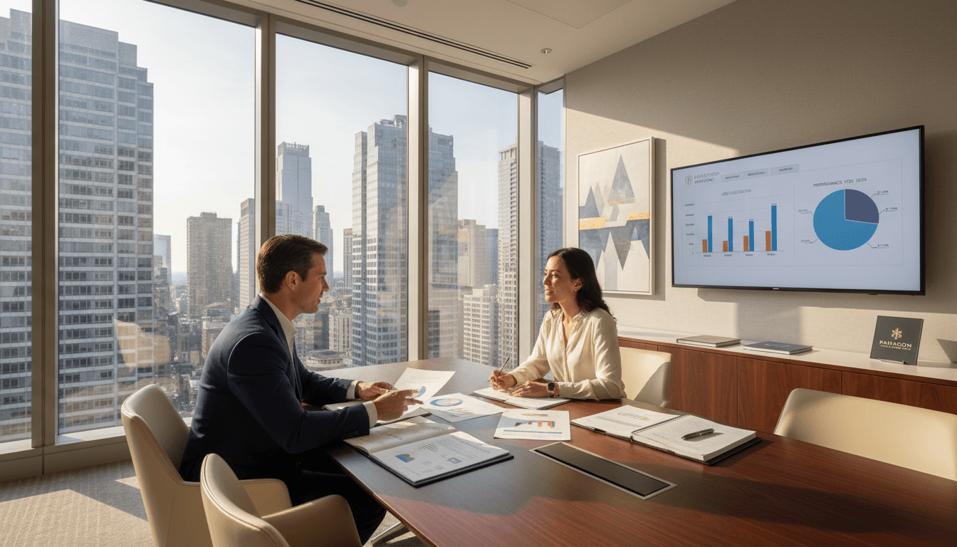 Financial advisor meeting with investors around a table reviewing documents in a modern office