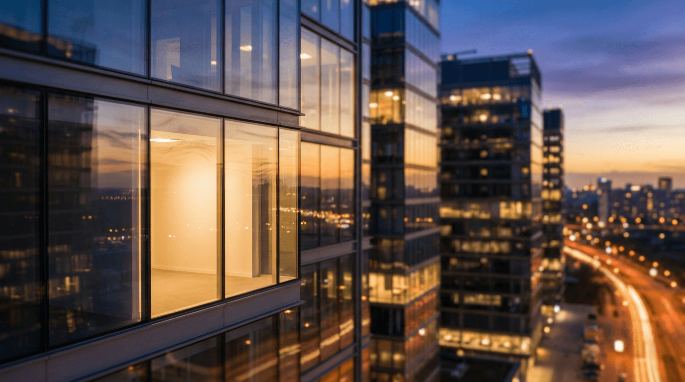 Modern corporate skyline at dusk