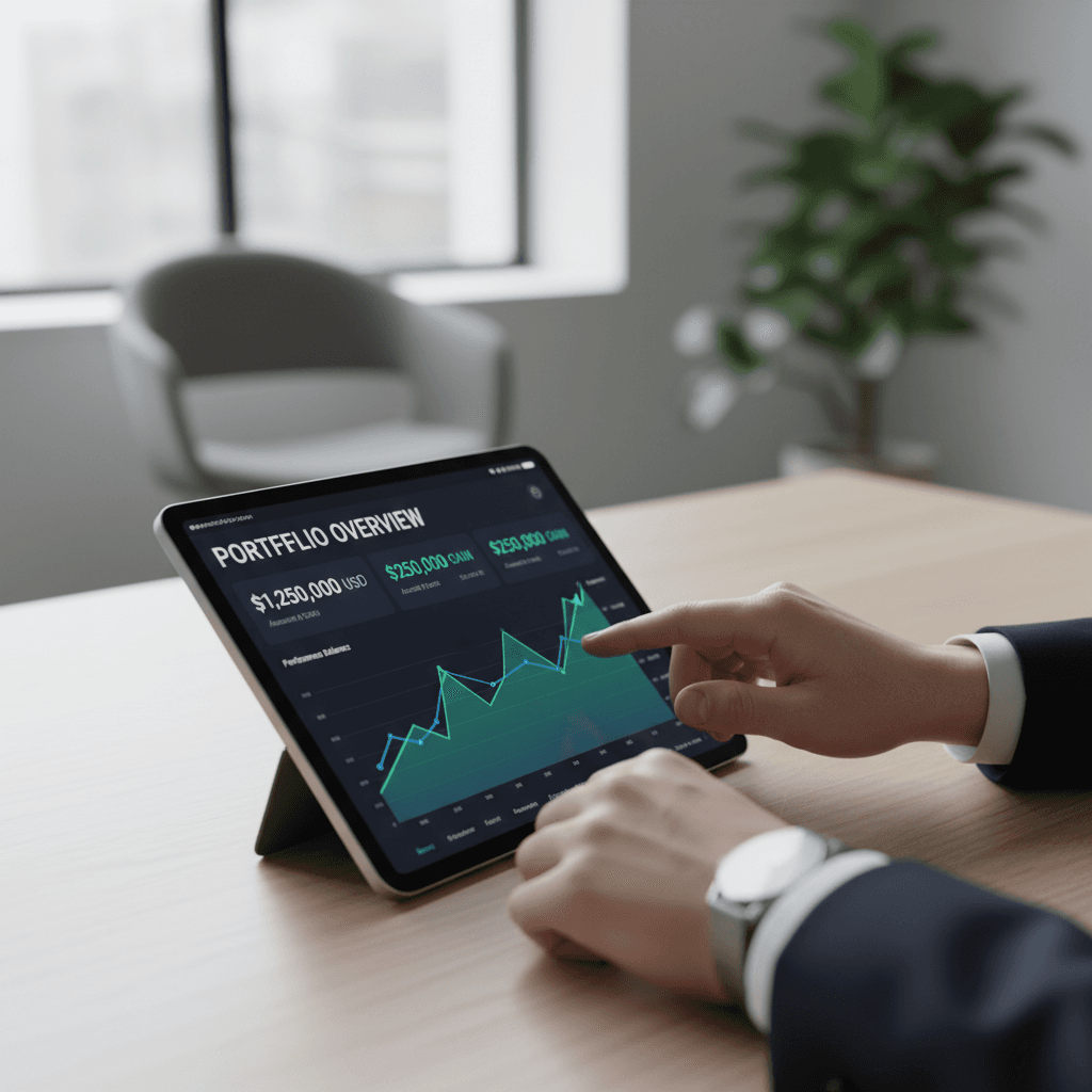 Investor reviewing portfolio performance on a tablet with financial charts in a modern loft