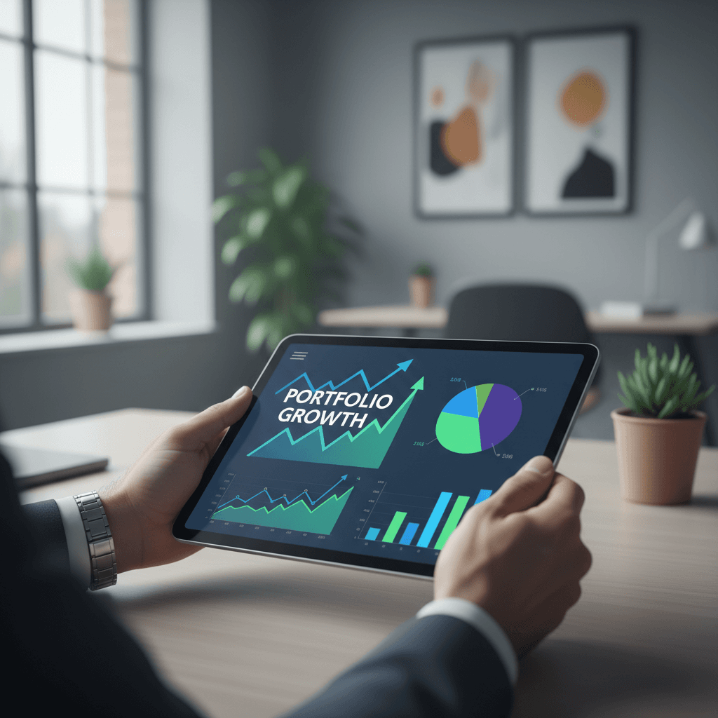 Investor reviewing a portfolio on a tablet in an office