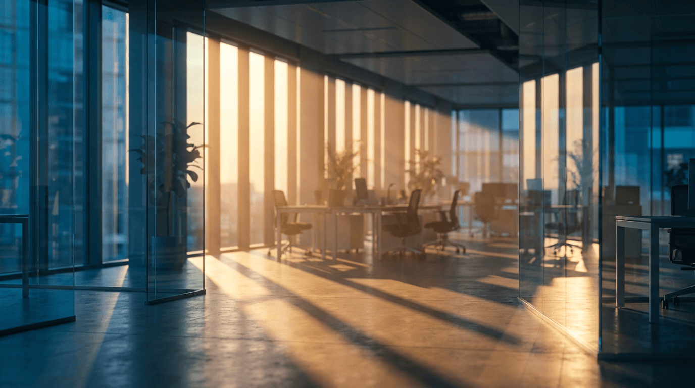 Modern office interior with golden-hour sunlight streaming through windows, volumetric light rays, collaborative workspace.